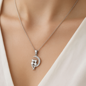 Silver Necklace - Cats & Crescent Moon